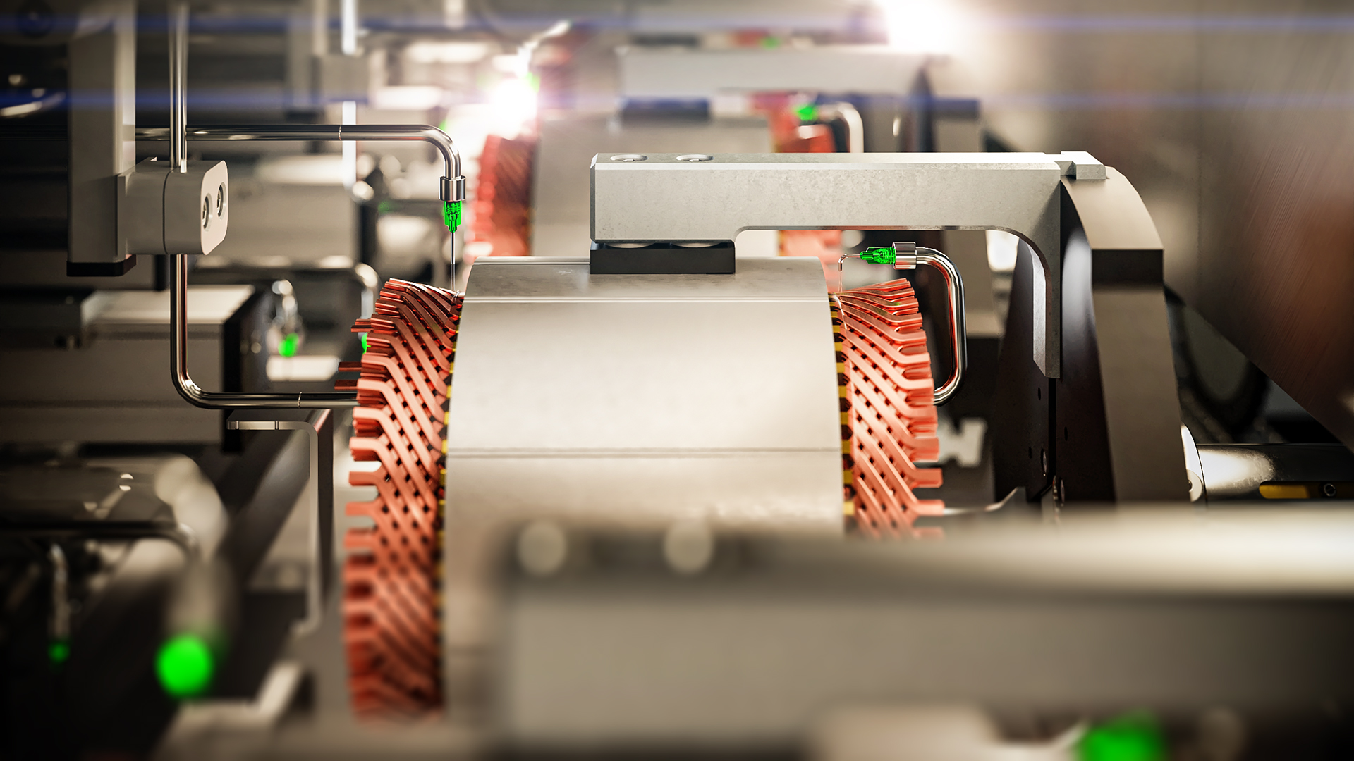 3D-Rendering einer industriellen Maschine mit Tropfvorrichtung, die präzise Flüssigkeiten auf rotierende Bauteile aufträgt.