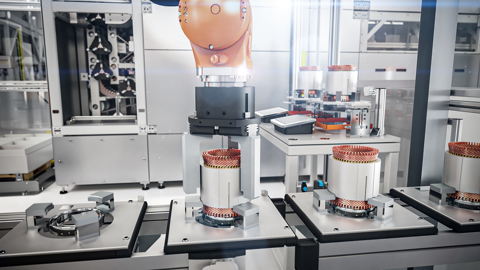 3D-Rendering eines Dreifingrigen Roboterarms, der ein Produkt vom Fließband nimmt. Industrielle Maschine zur automatisierten Fertigung.