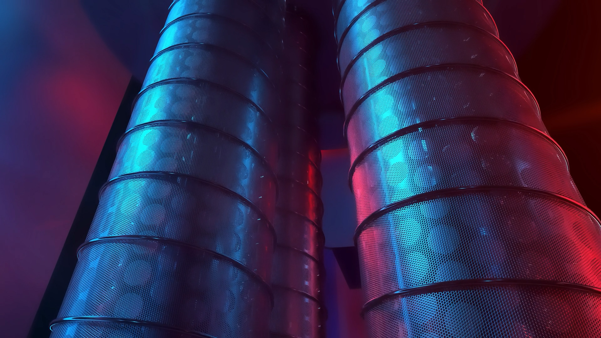 3d-Render einer Nahaufnahme der Filter in einer Filteranlage, betont durch rote und blaue Beleuchtung