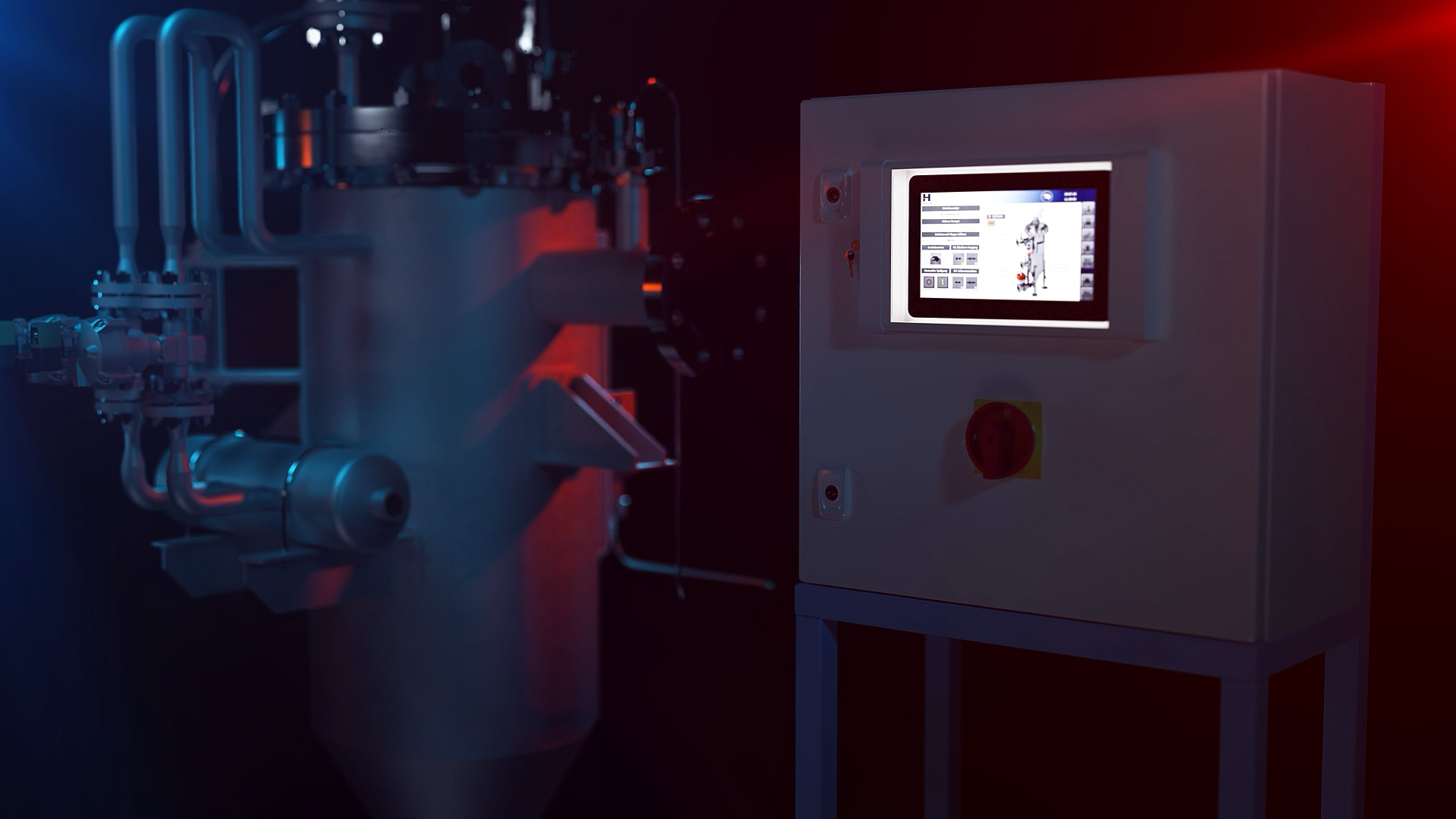 3D-Rendering einer Filteranlage mit Bedienfeld und Rohrleitungen, beleuchtet durch rotes und blaues Licht.