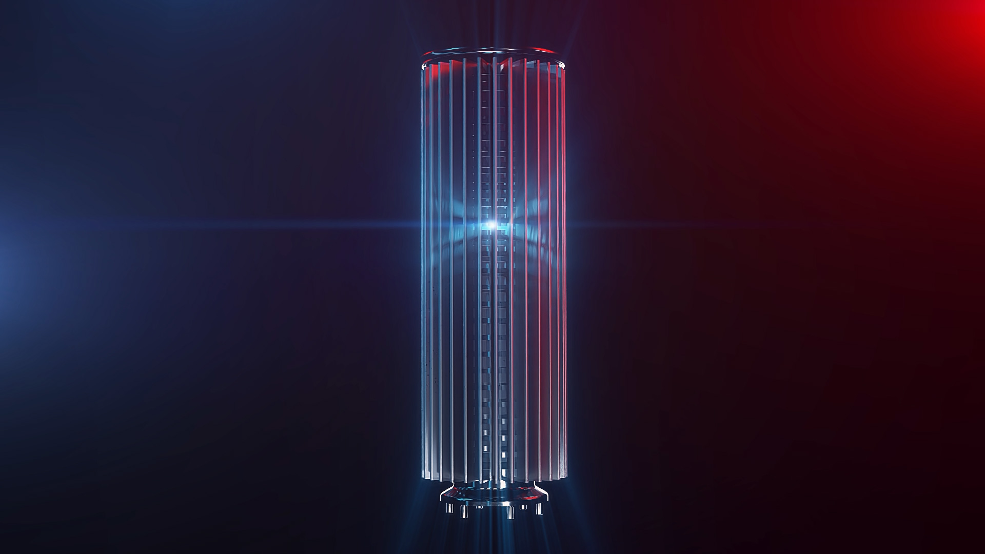 3D-Rendering eines zylindrischen Filterelements mit rotem und blauem Licht, reflektierender metallischer Oberfläche und Lensflaireffekt.