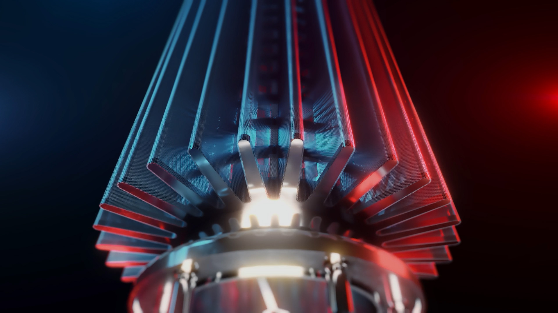 Close-Up-Render eines zylindrischen Filterelements mit rotem und blauem Licht, reflektierender metallischer Oberfläche.