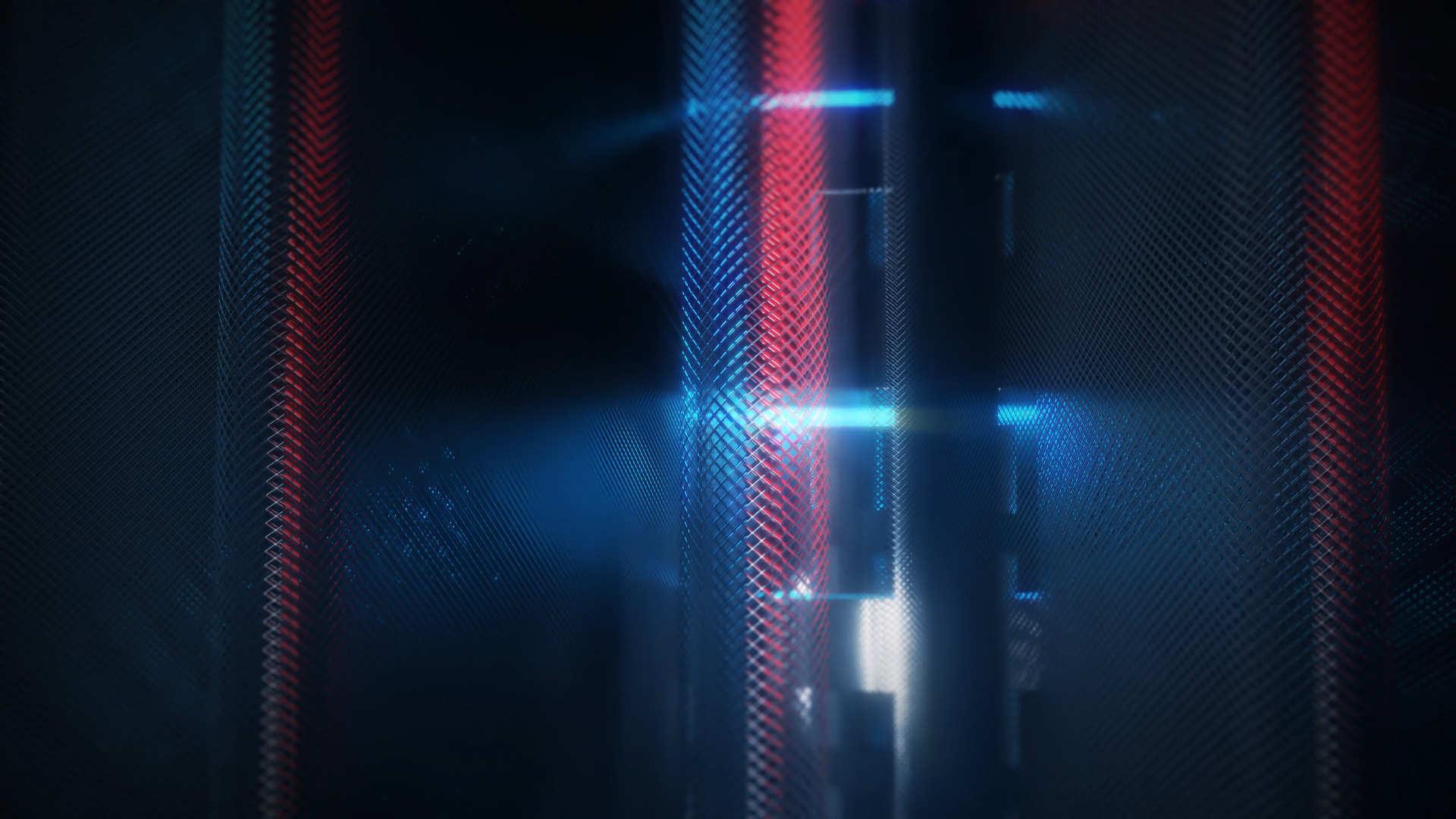 Close-Up-Render eines zylindrischen Filterelements, die reflektierende metallische Oberfläche ist mit rotem und blauem Licht in Szene gesetzt.