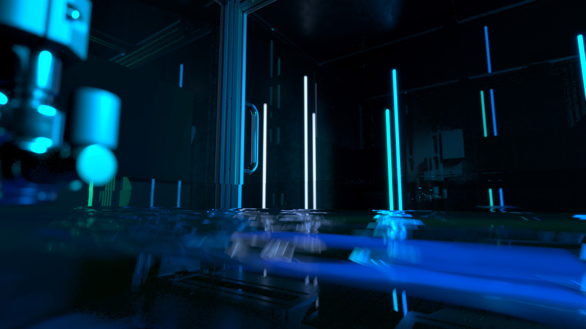 Close-Up-Render einer technischen Maschine mit Glasgehäuse, beleuchtet durch blaue Lichtstreifen in einer futuristischen Umgebung.