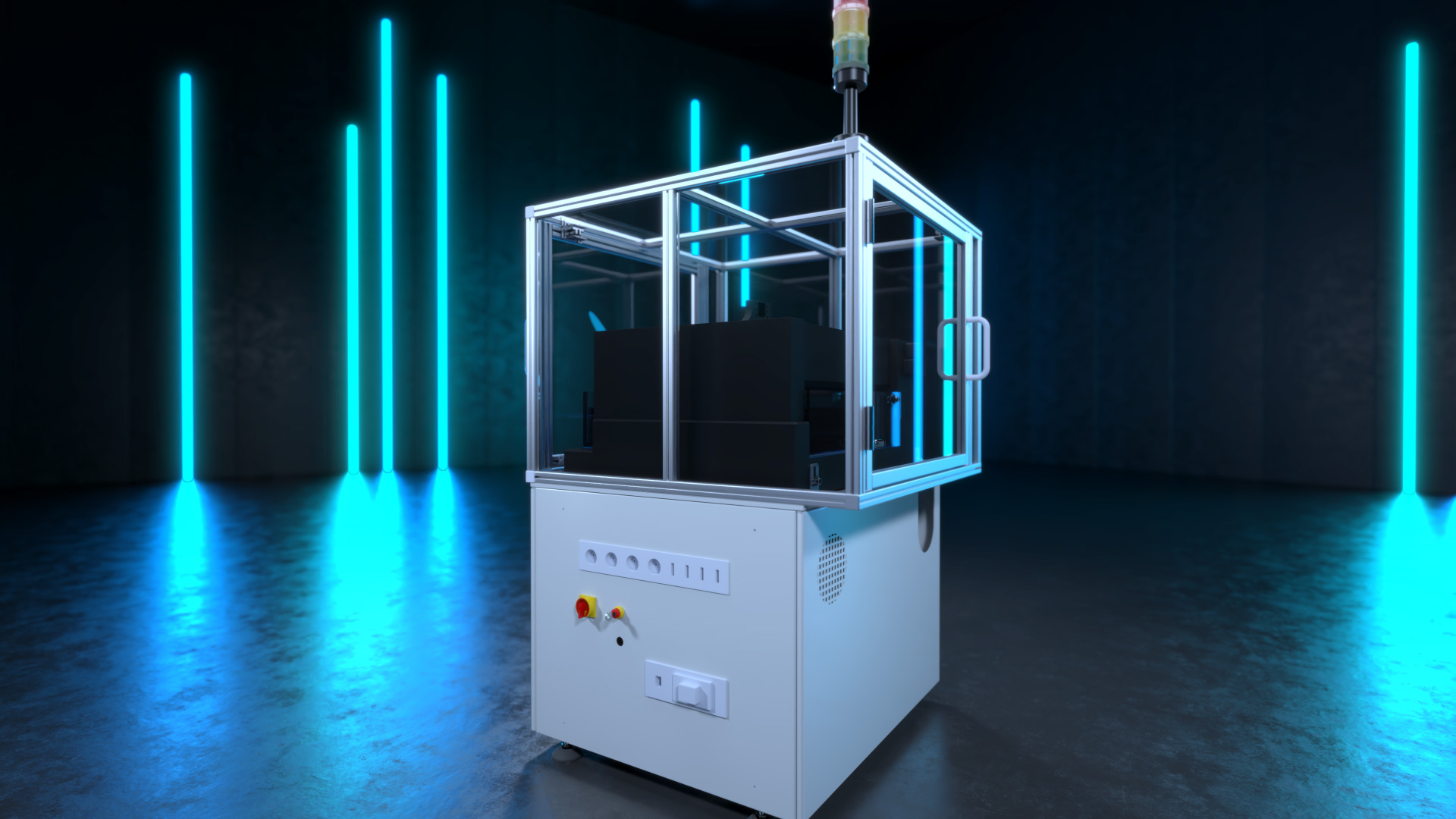 3D-Rendering einer technischen Maschine mit Glasgehäuse, beleuchtet durch blaue Lichtstreifen in einer futuristischen Umgebung.