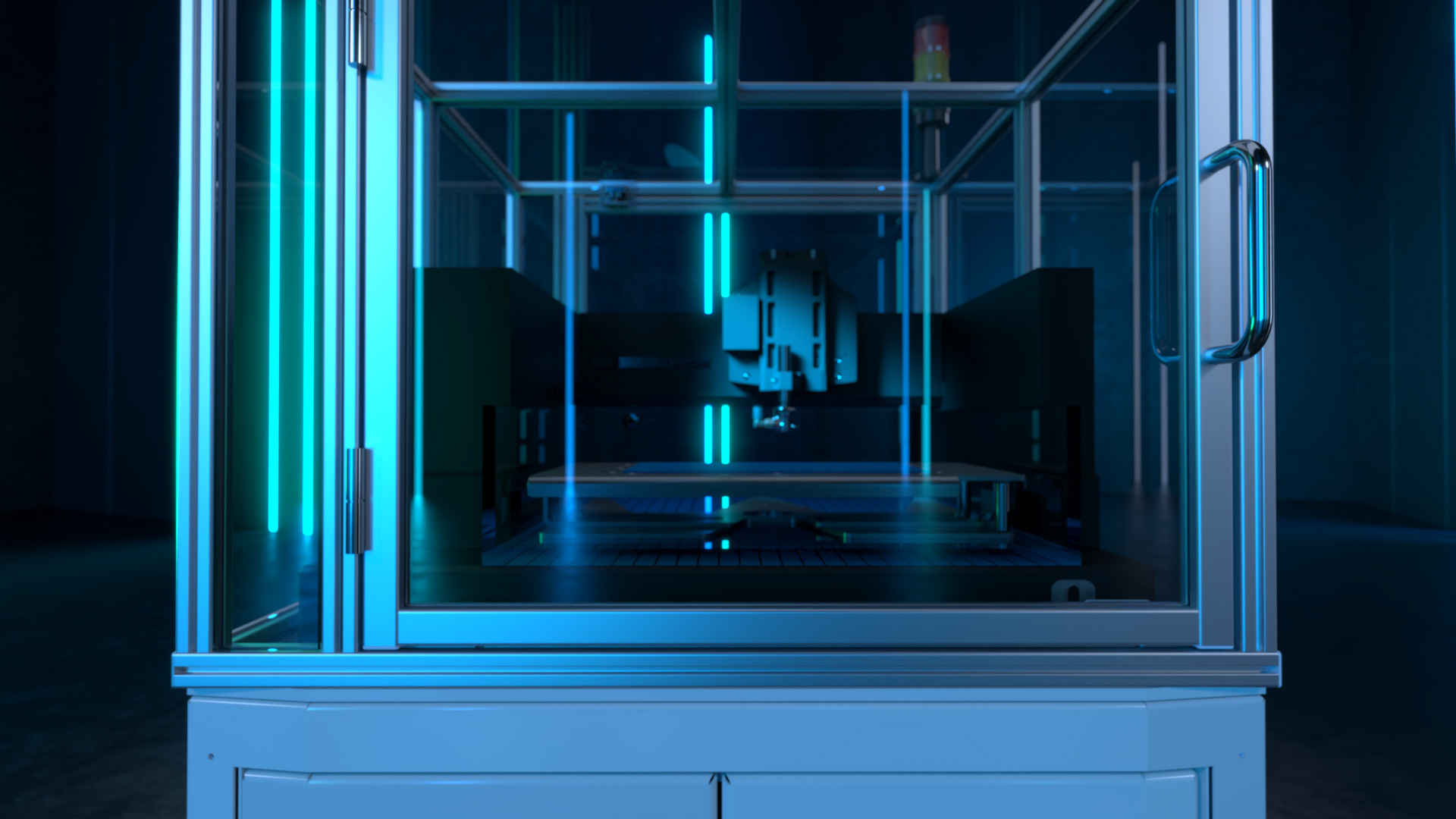 Frontales 3D-Rendering einer technischen Maschine mit Glasgehäuse, beleuchtet durch blaue Lichtstreifen in einer futuristischen Umgebung.