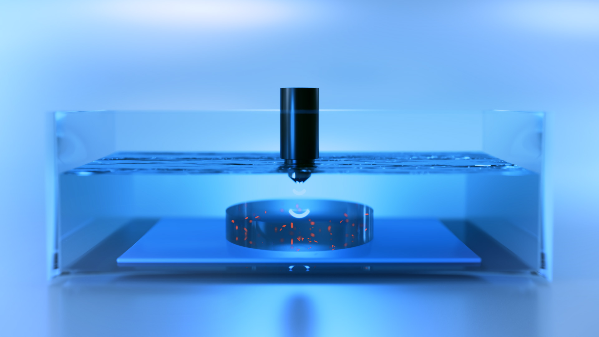 3D-Rendering zur Visualisierung einer innovativen Verfahrenstechnik. Die Szene zeigt ein präzises technisches Verfahren mit leuchtenden Details in einer klaren, modernen Umgebung.