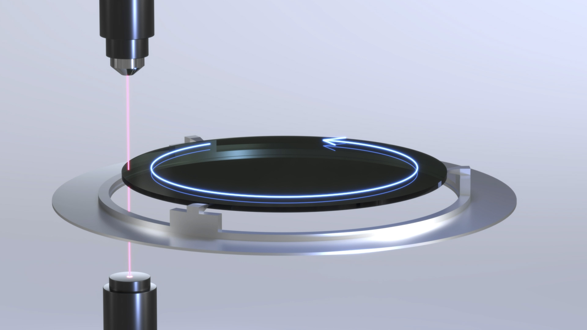3D-Rendering eines hochpräzisen Lasersystems, das auf einen runden Wafer fokussiert ist, mit leuchtenden Kreisen, die den Bearbeitungsprozess visualisieren.