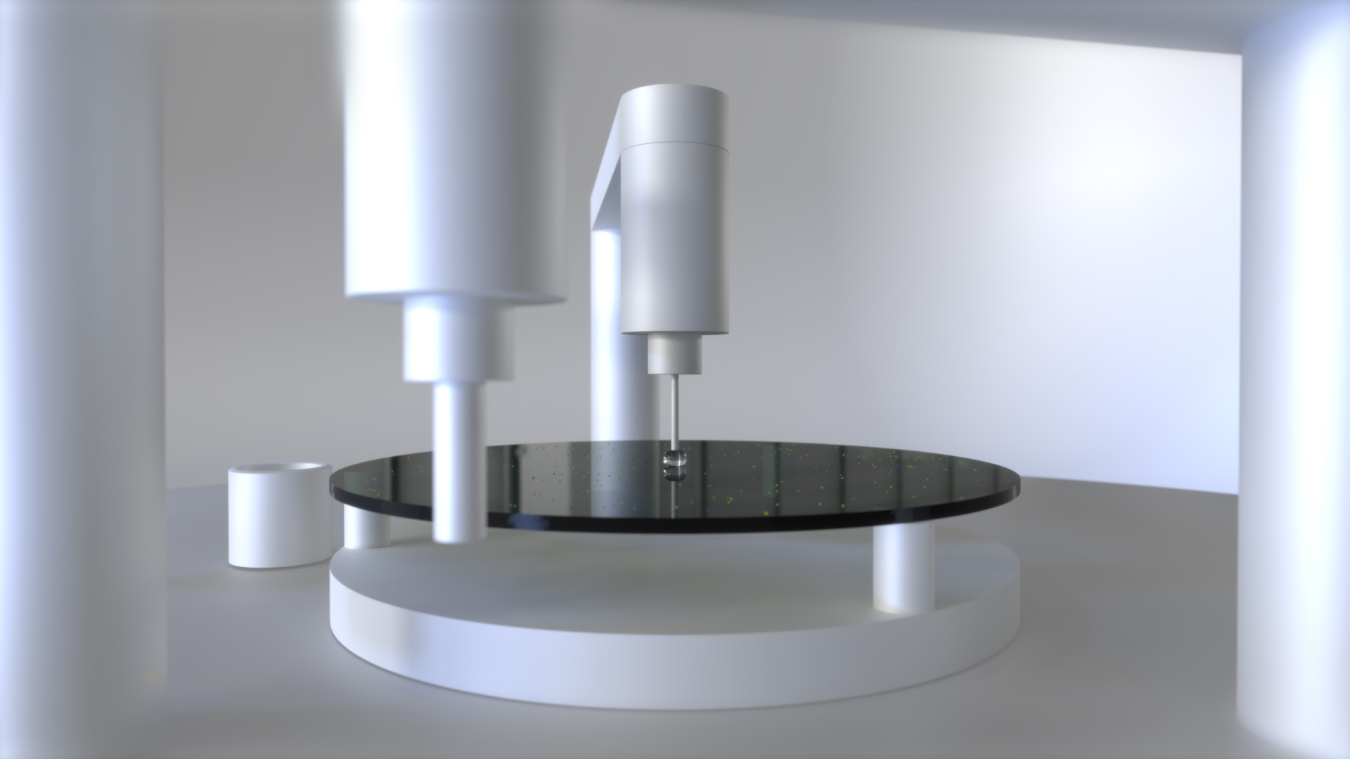 3D-Rendering einer automatisierten Präzisionsmaschine mit einer Nadel, die Flüssigkeit auf eine glänzende Wafer-Oberfläche dosiert, in heller, futuristischer Umgebung.