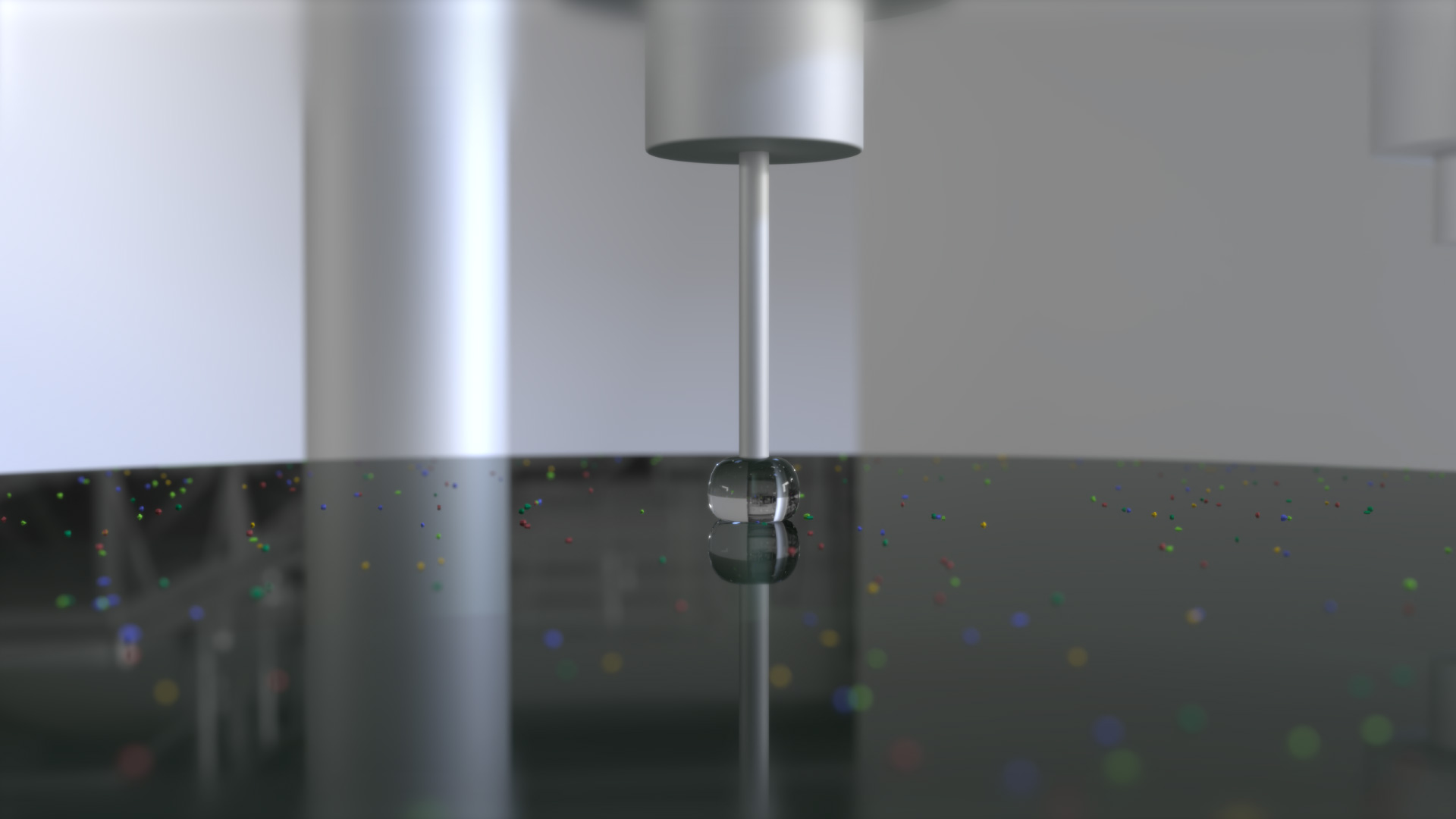 Close-Up-Render einer automatisierten Präzisionsmaschine mit einer Nadel, die Flüssigkeit auf eine glänzende Wafer-Oberfläche dosiert, in heller, futuristischer Umgebung.