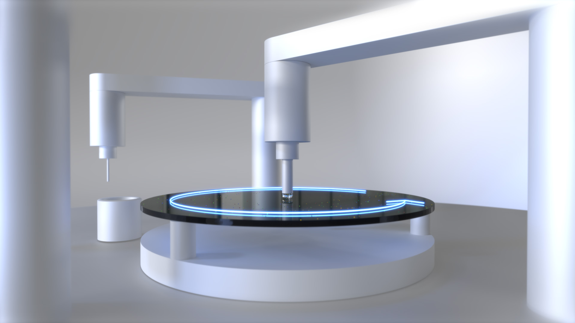 3D-Rendering einer Präzisionsmaschine mit Nadel, die Flüssigkeit auf glänzende Wafer-Oberfläche dosiert und den Bearbeitungsprozess visuell darstellt.