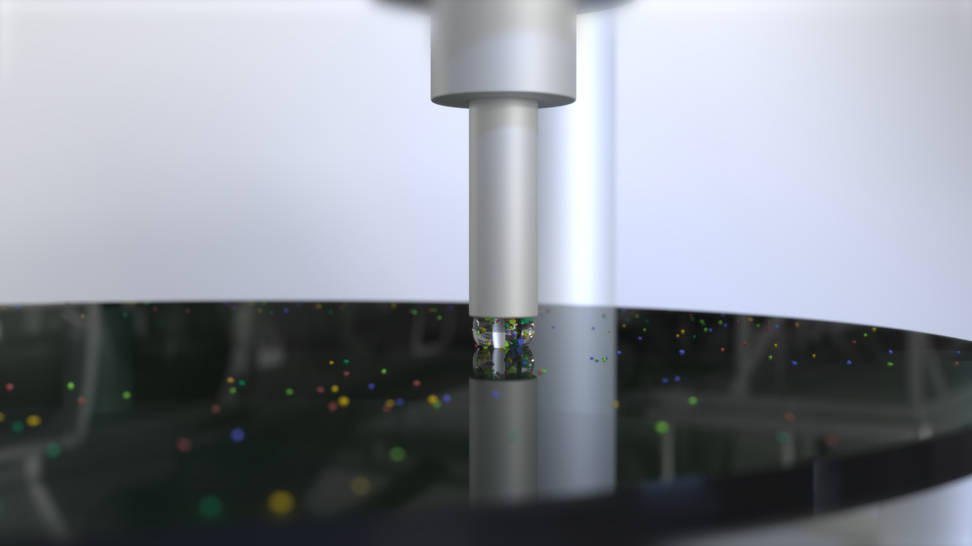 Close-Up-Render einer Nadel, die Flüssigkeit auf eine glänzende Wafer-Oberfläche dosiert und Verunreinigungen beseitigt.