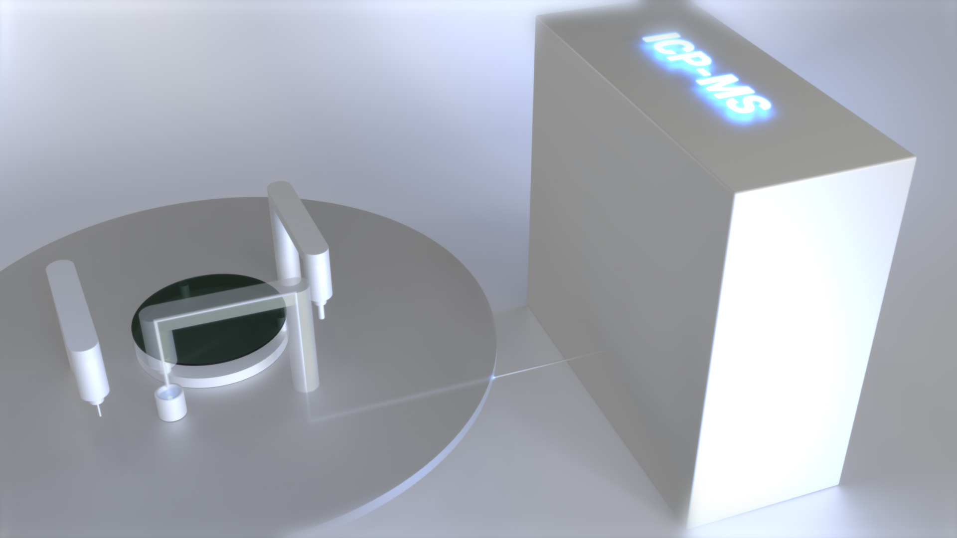 3D-Rendering einer automatisierten Präzisionsmaschine, die den Abtransport von Verunreinigungen in einer hellen, futuristischen Umgebung visualisiert.