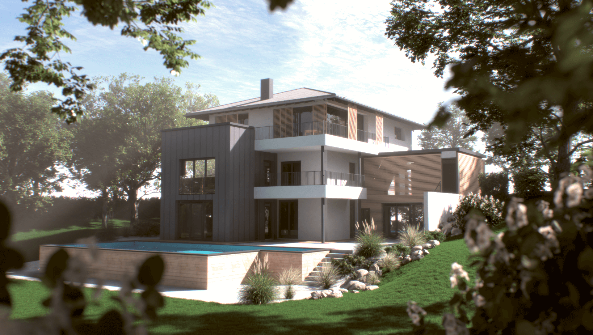 3D-Rendering eines modernen Hauses mit Pool, umgeben von Bäumen und Natur. Detaillierte Architektur im warmen Licht eines sonnigen Nachmittags dargestellt.