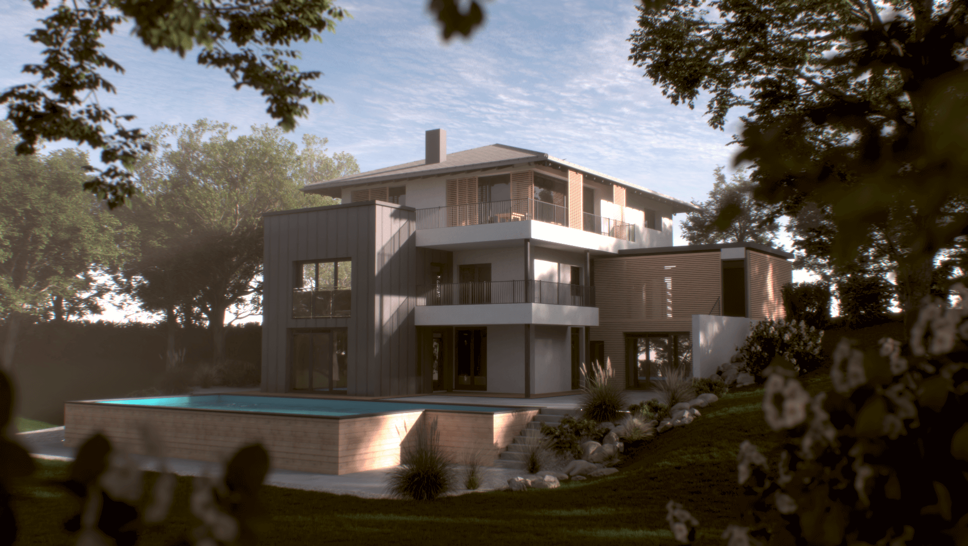 3D-Rendering eines modernen Hauses mit Pool, umgeben von Bäumen und Natur. Detaillierte Architektur im sanften Licht eines ruhigen Abends dargestellt.