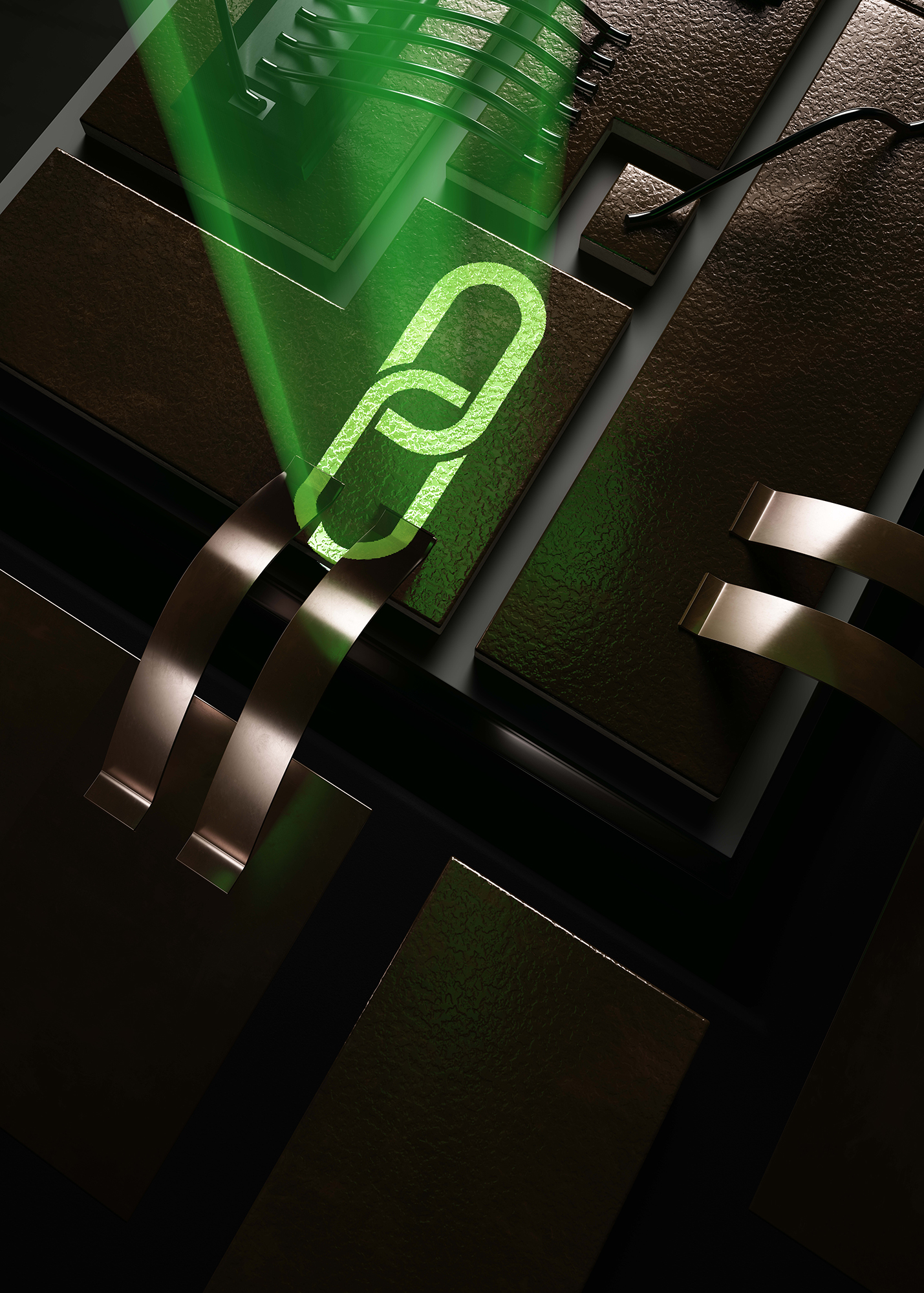 3D-Rendering einer Platine in Kupfer-Optik, angestrahlt von grünem Licht, zeigt ein Kettensymbol
