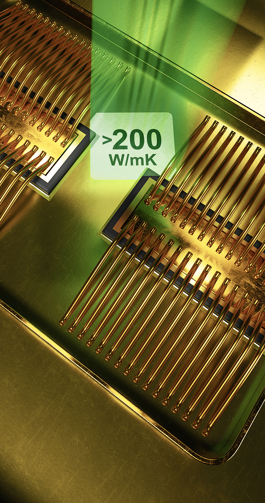 3D-Rendering einer goldenen Platine, angestrahlt von grünem Licht, mit über 200 W/mK Wärmeleitfähigkeit für maximale Effizienz.
