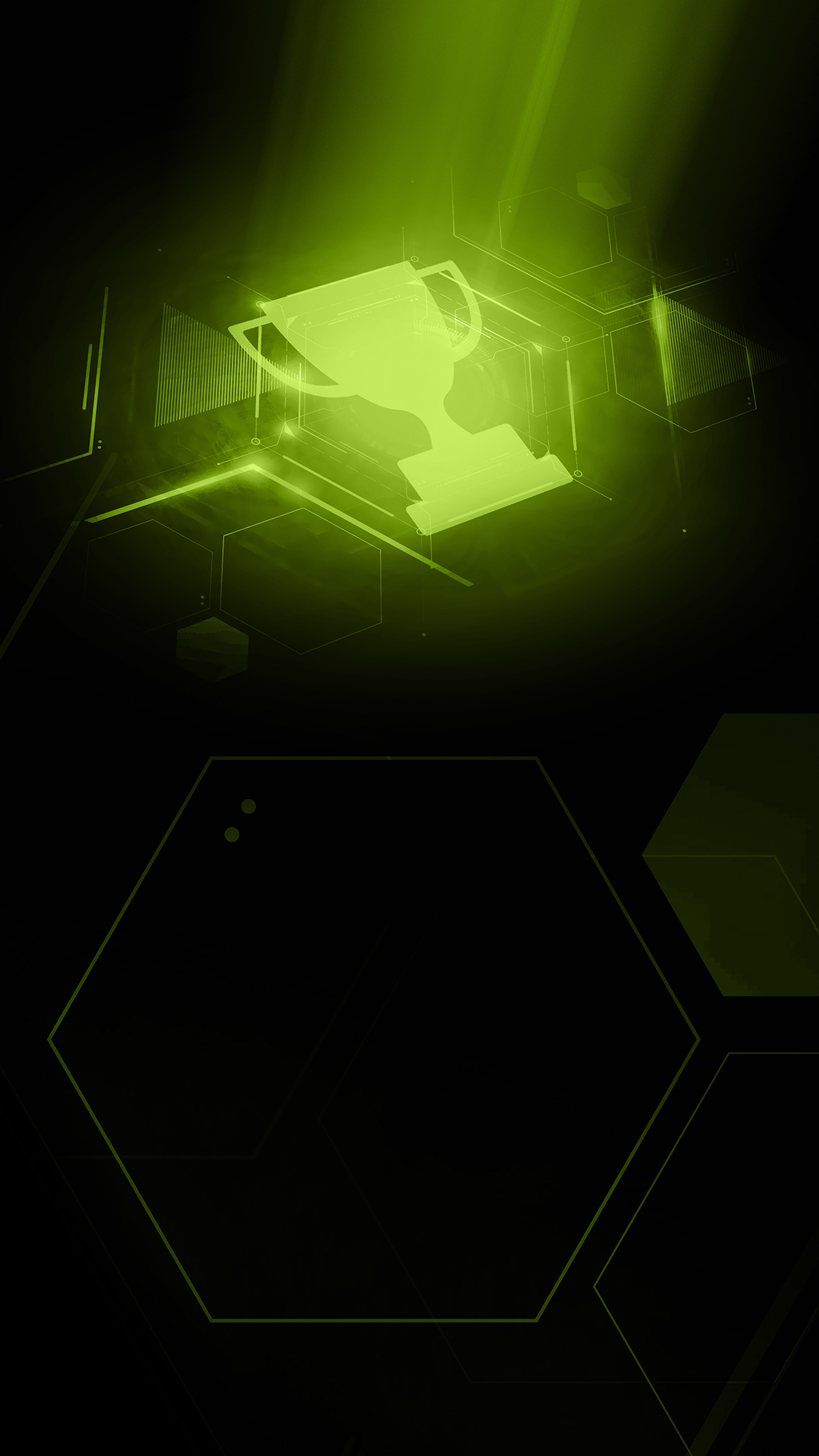 3D-Rendering einer stylisierten Platine aus Hexagonen und Dreiecken, deren Kanten grün leuchten, bestrahlt von grünem Licht in Form eines Pokals.
