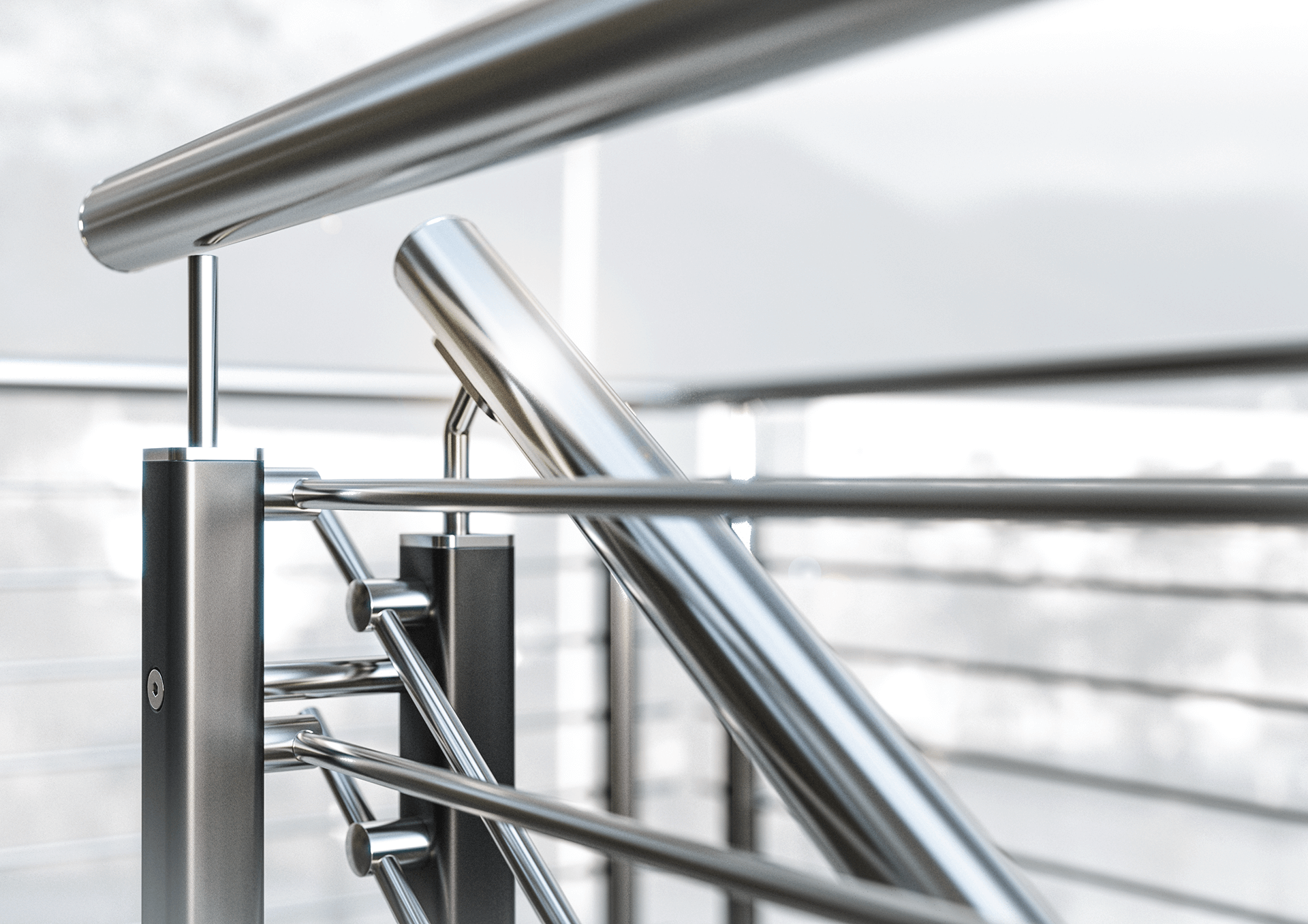 Close-up des Handlaufs eines fotorealistischen 3D-Renderings eines Edelstahl-Balkonrahmens in abstrahierter Umgebung, zeigt moderne Eleganz.