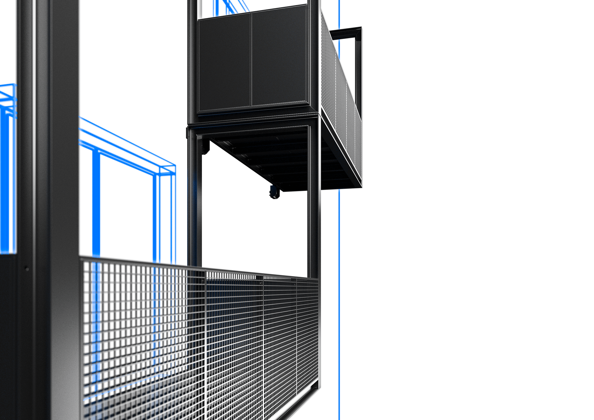 Fotorealistisches 3D-Rendering mehrerer Edelstahl-Balkone in einer abstrahierten Umgebung mit blauem, hologrammartigem Eindruck.