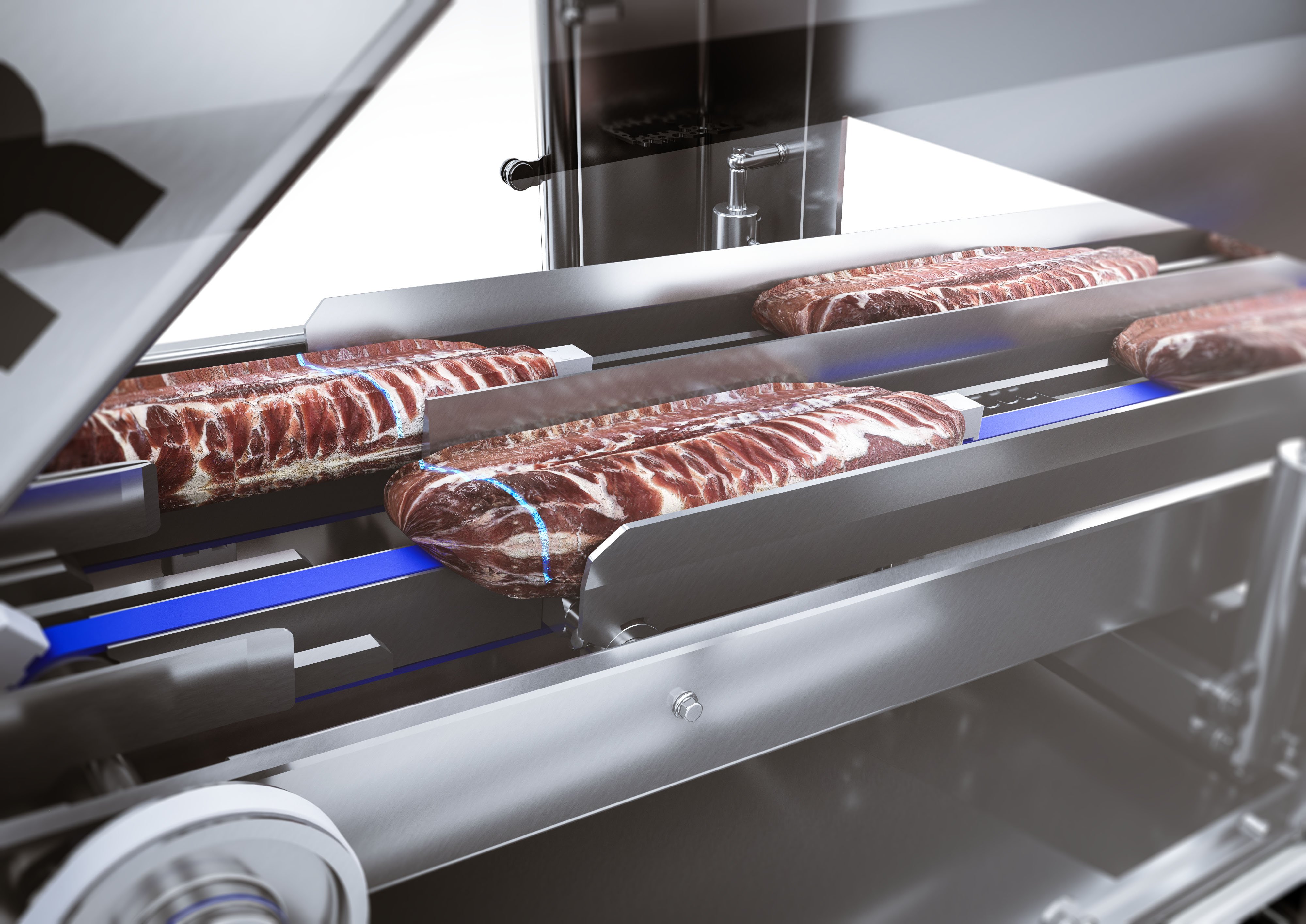 3D-Rendering von Fleischstücken auf blauem Förderband, die eine Scanvorrichtung mit blauen Lichtstreifen durchlaufen. Edelstahl-Führungsschiene sichtbar.