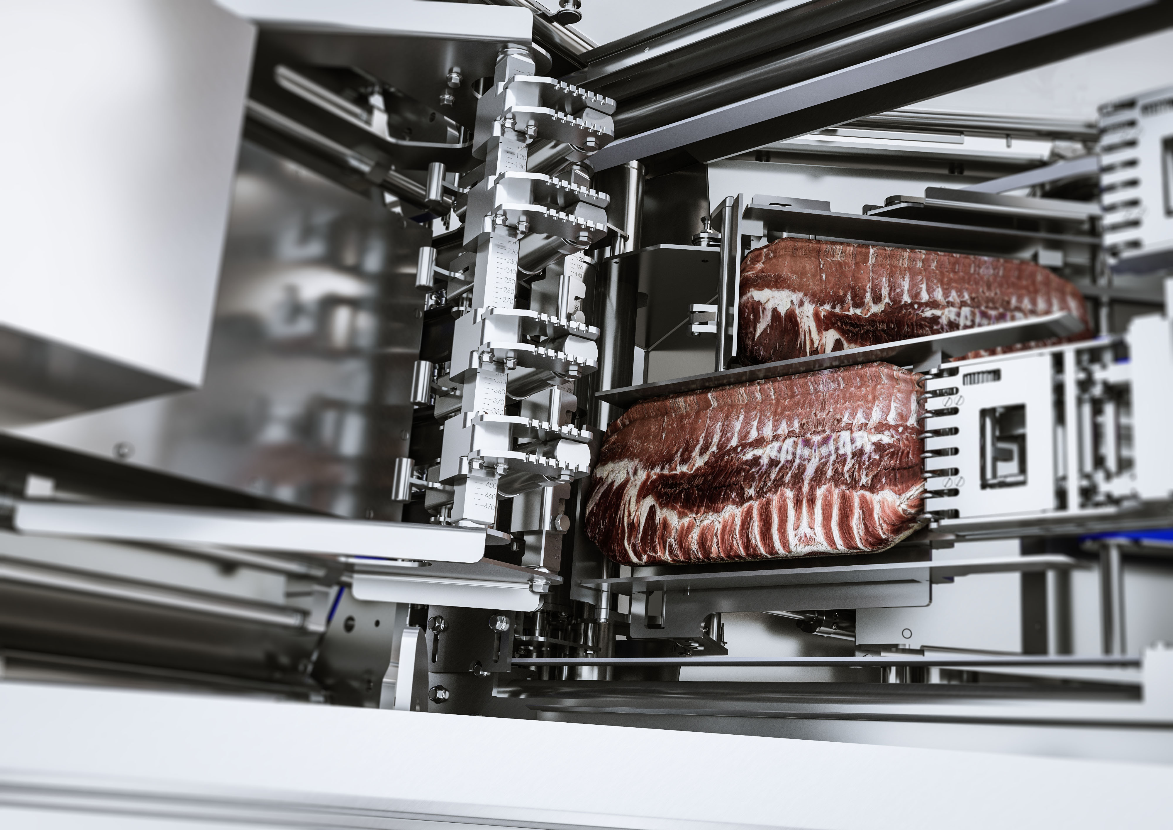 Close-Up eines fotorealistischen 3D-Renderings eines Einlegers aus Edelstahl, der ein Produkt in die Maschine einführt.