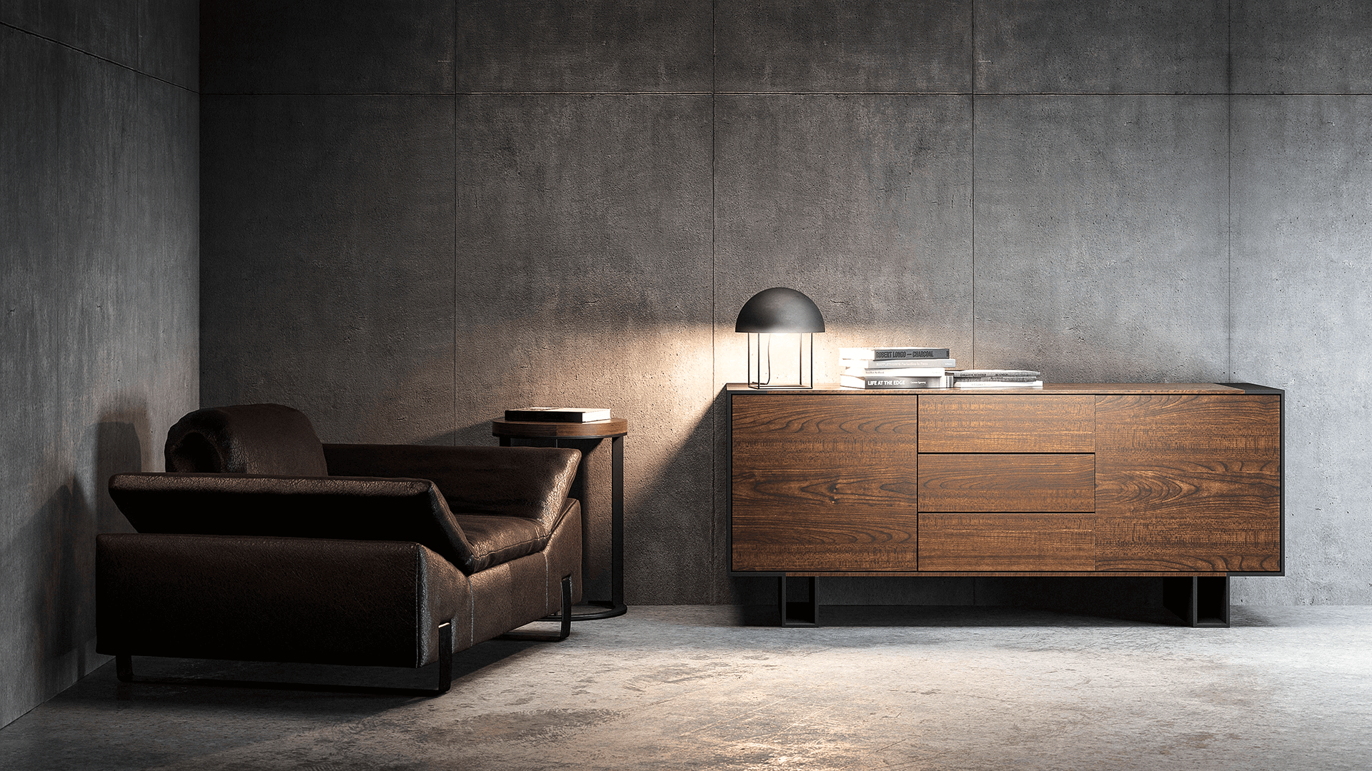 3D-Rendering eines Wildledersessels, Beistelltischs und Schlafzimmer-Kommode aus Holz und Metall in einer bunkerartigen Betonstruktur.