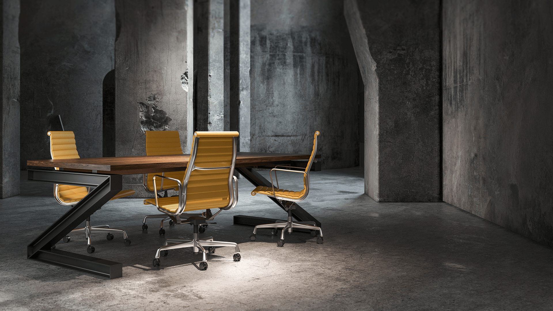3D-Rendering eines Holz-Metall-Tisches in einer bunkerartigen Betonstruktur mit gelben Leder-Bürostühlen, Edelstahl-Elementen und Rollen.