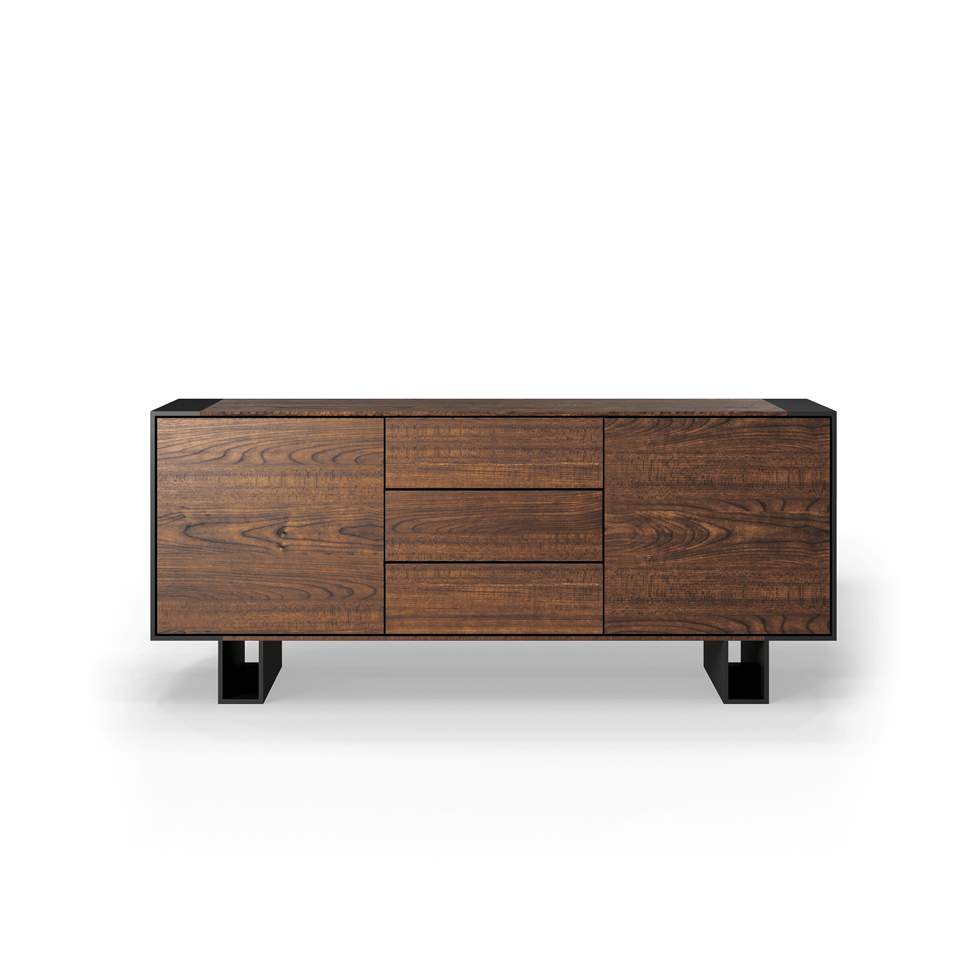 3D-Rendering einer Schlafzimmer-Kommode aus Holz und Metall auf weißem Grund, von WILKERZIEGLER, bietet luxuriösen Stauraum.